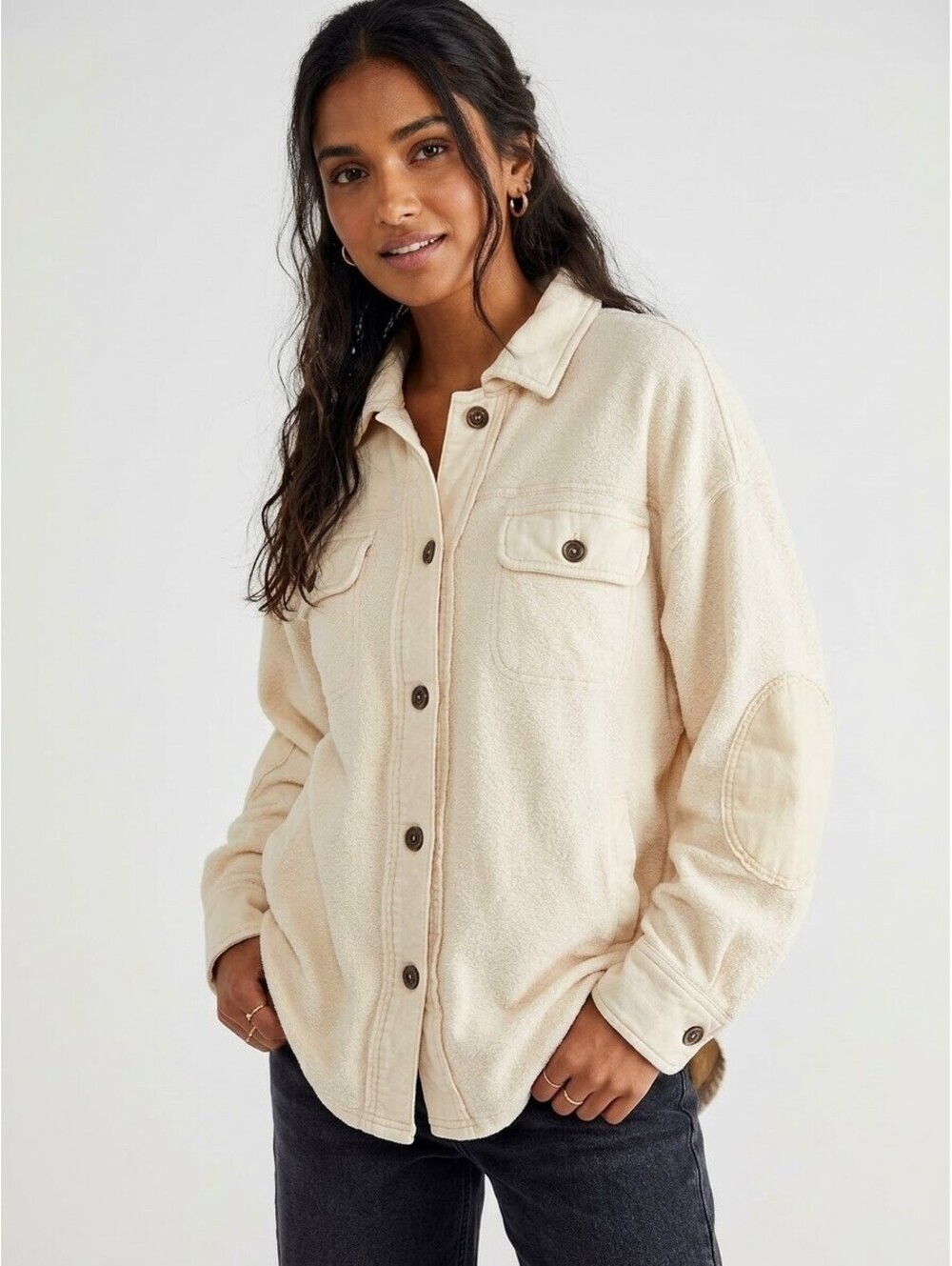Free People Cream Button-Up Shacket with Elbow Patches Size S